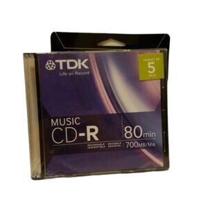 TDK 80-Min CD-R Discs (5-Pack) CDR80TWNML5TG Sealed NOS – Discontinued